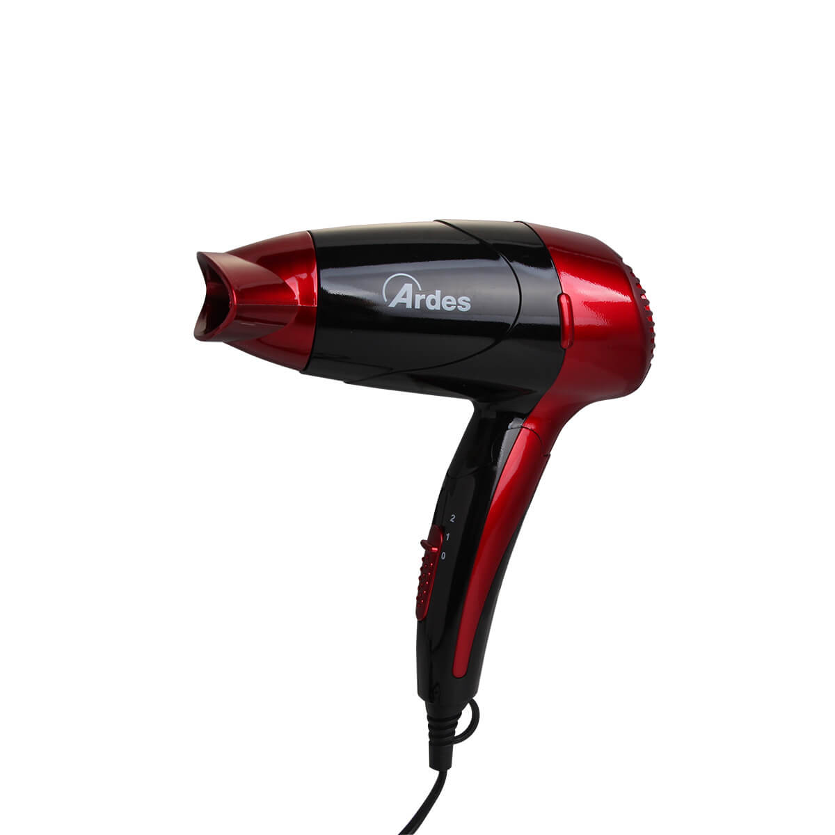 Czerwono-czarna suszarka do włosów z marką "Ardes".