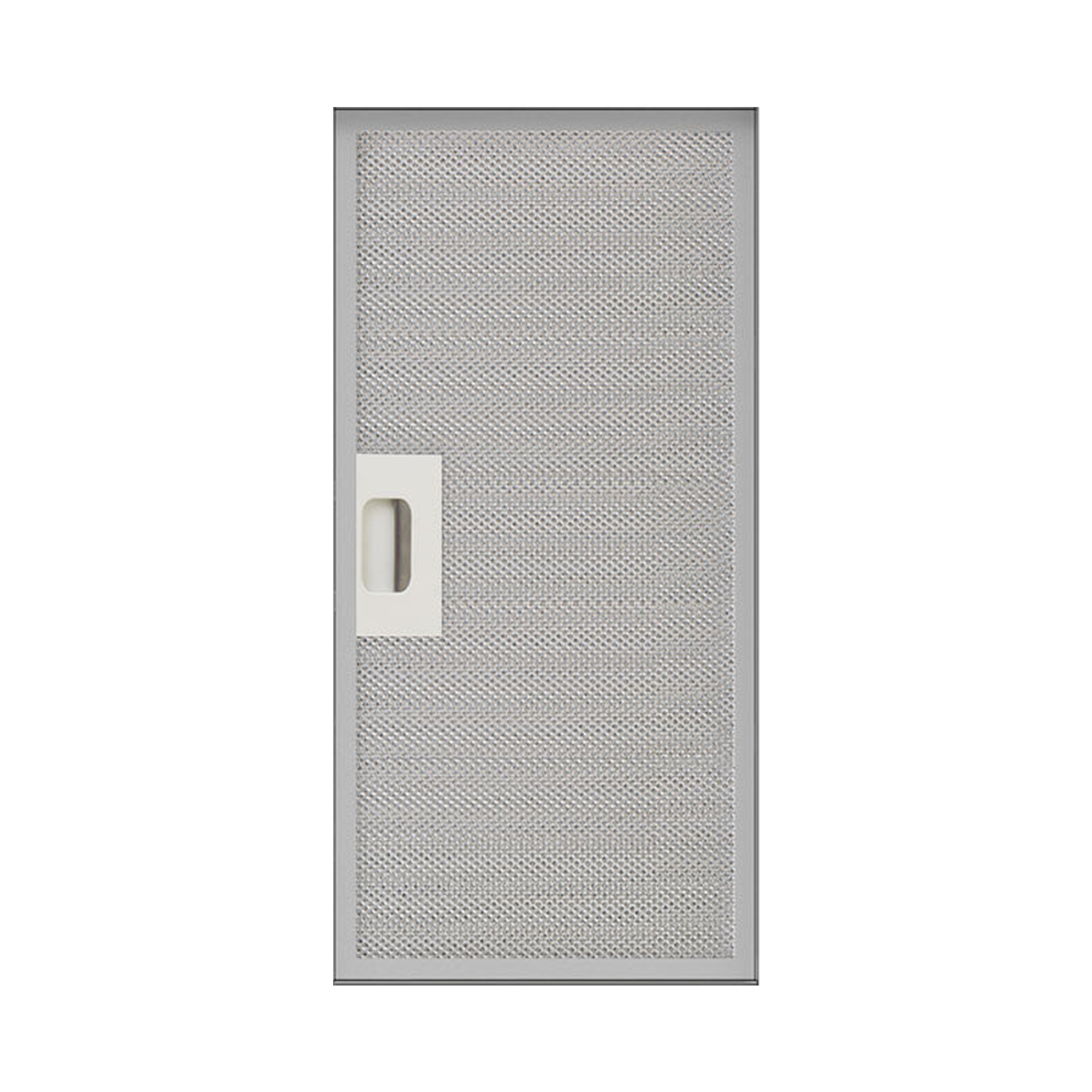 Filtro metálico para una campana extractora. Forma rectangular con asa y patrón de malla.