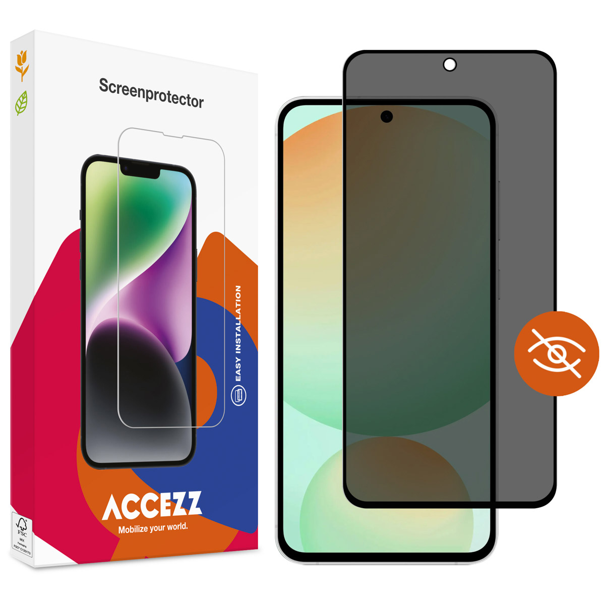 Telefoon en screenprotector doos. De telefoon heeft een screenprotector en een privacy scherm.