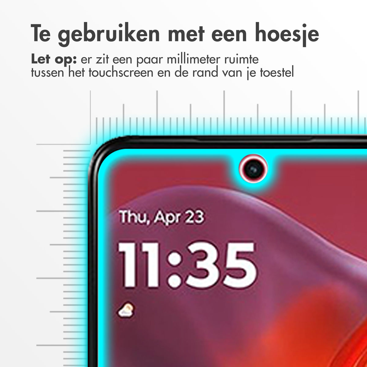 Gros plan sur un écran de téléphone. Affiche l'heure : jeudi 23 avril, 11h35. Un protecteur d'écran.