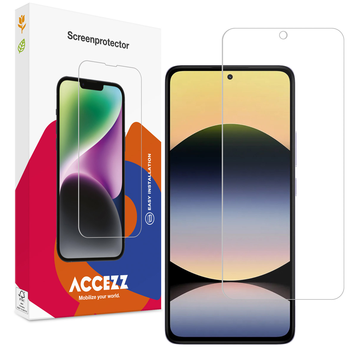 Telefoon met schermbeschermer, en de verpakking van de schermbeschermer.