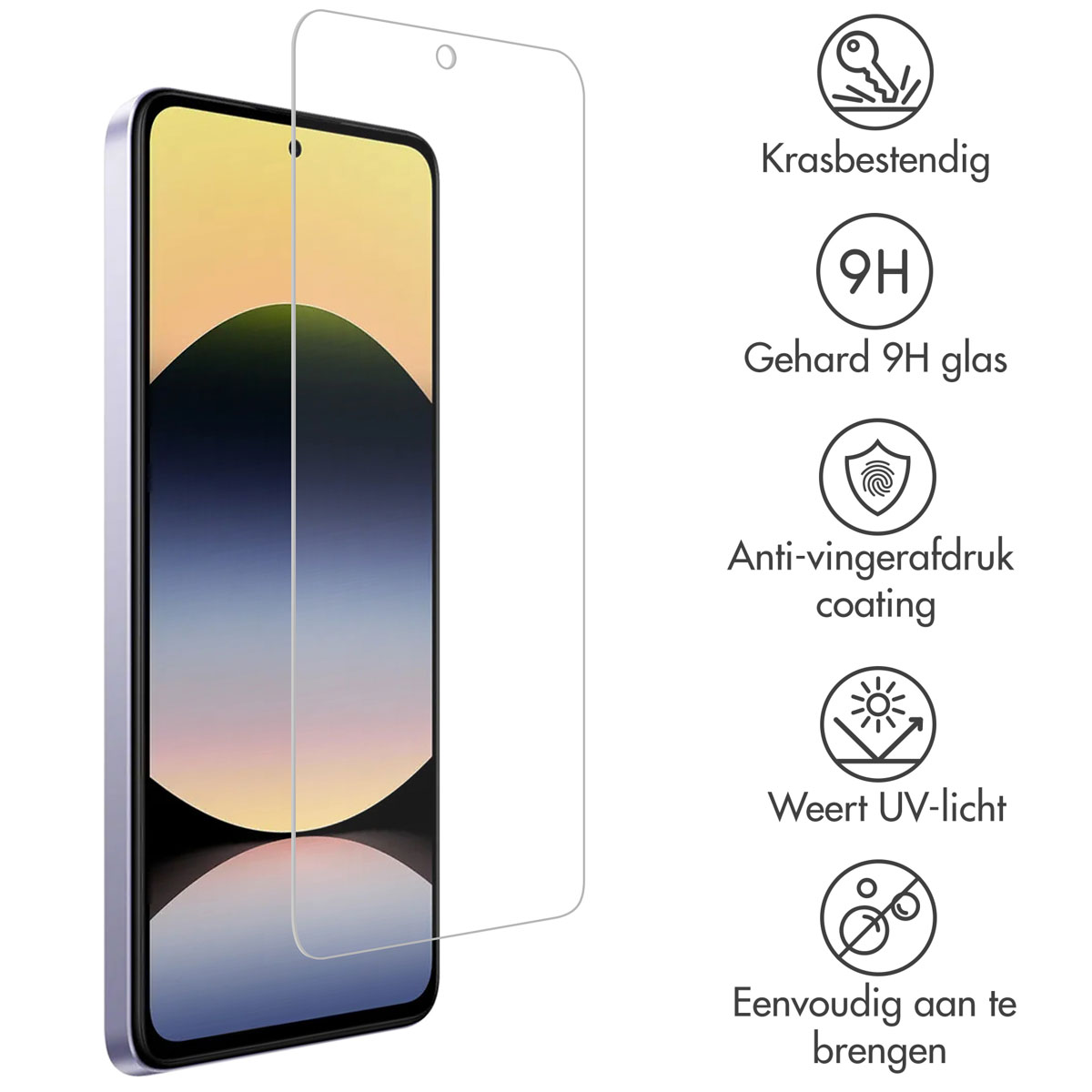 Telefoon met schermbeschermer. Tekst en pictogrammen geven functies aan zoals krasbestendigheid.