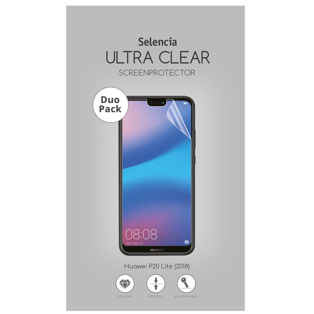 Un emballage de protection d'écran montrant un téléphone. Le texte indique ultra clair, ultra fin et résistant aux rayures.