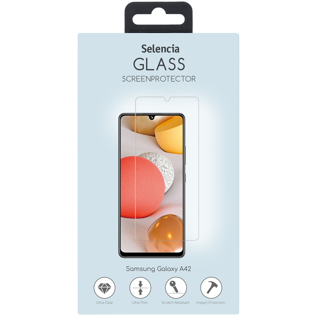 Verpakking van een schermbeschermer. Het toont een telefoon achter het glas. De verpakking heeft tekst en logo's.