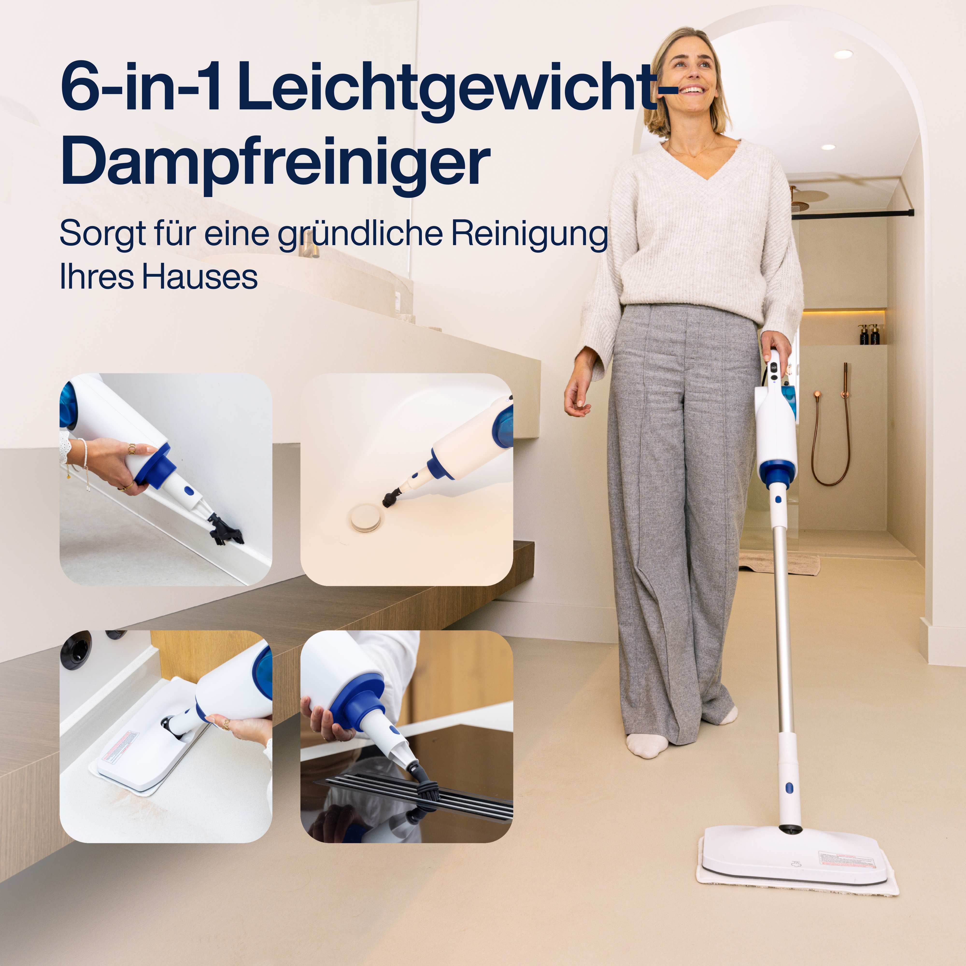 Vrouw die het huis schoonmaakt met een stoomreiniger. Verschillende schoonmaakacties getoond.