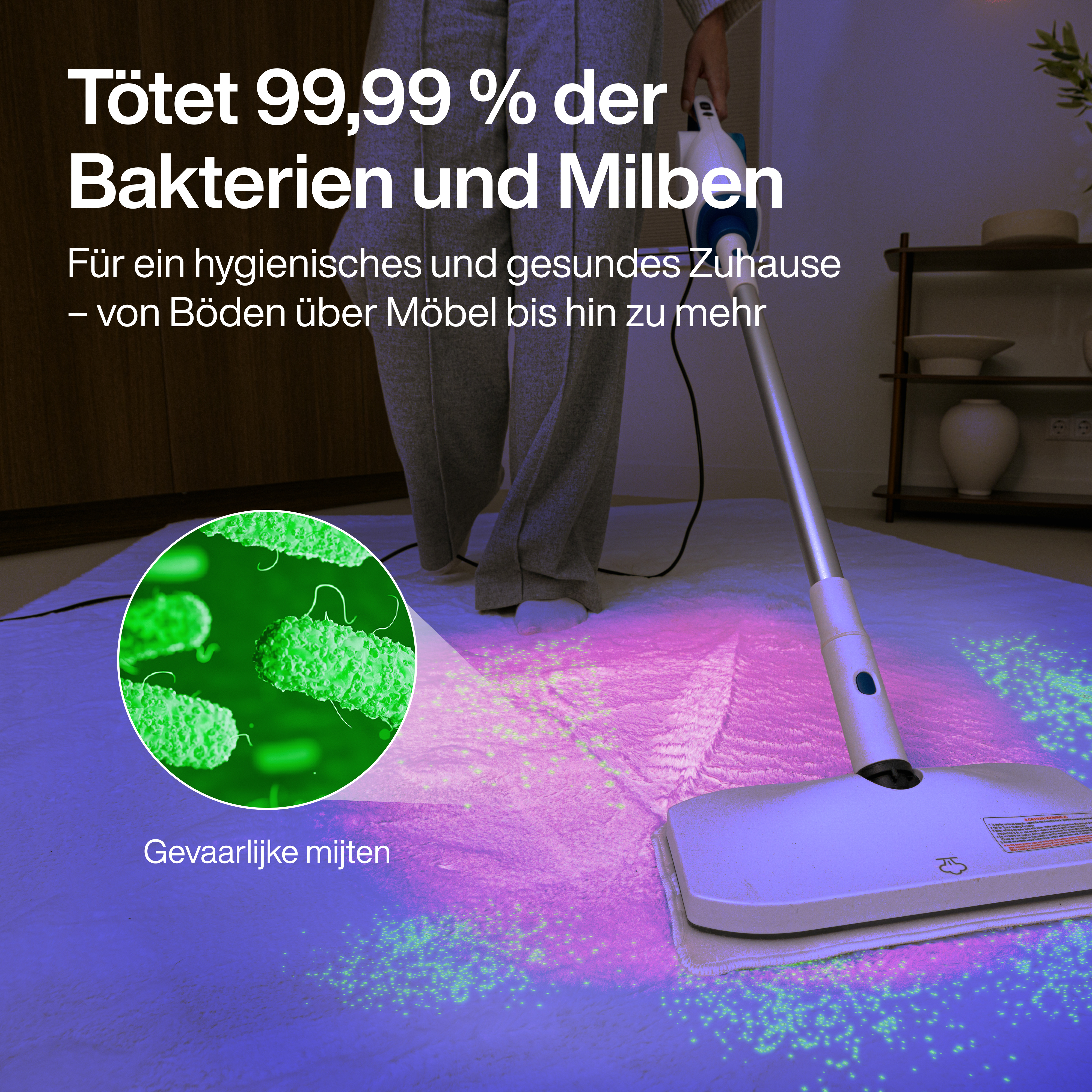 Tapijt schoonmaken met een stofzuiger die bacteriën en mijten doodt.