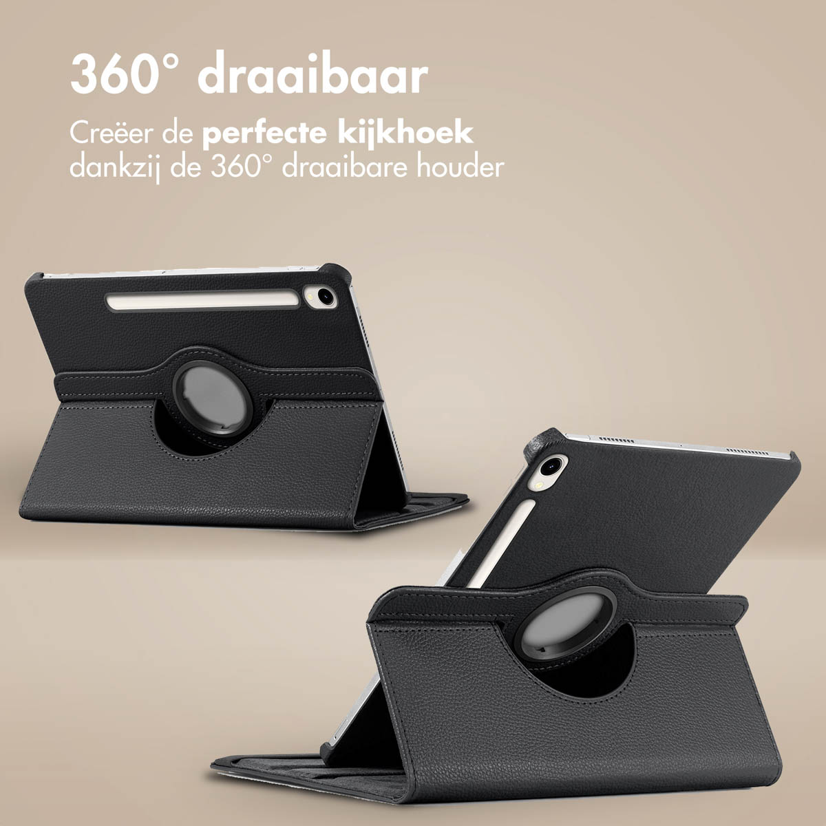 Black tablet case with a 360-degree rotating holder. Three different angles showcase the tablet.