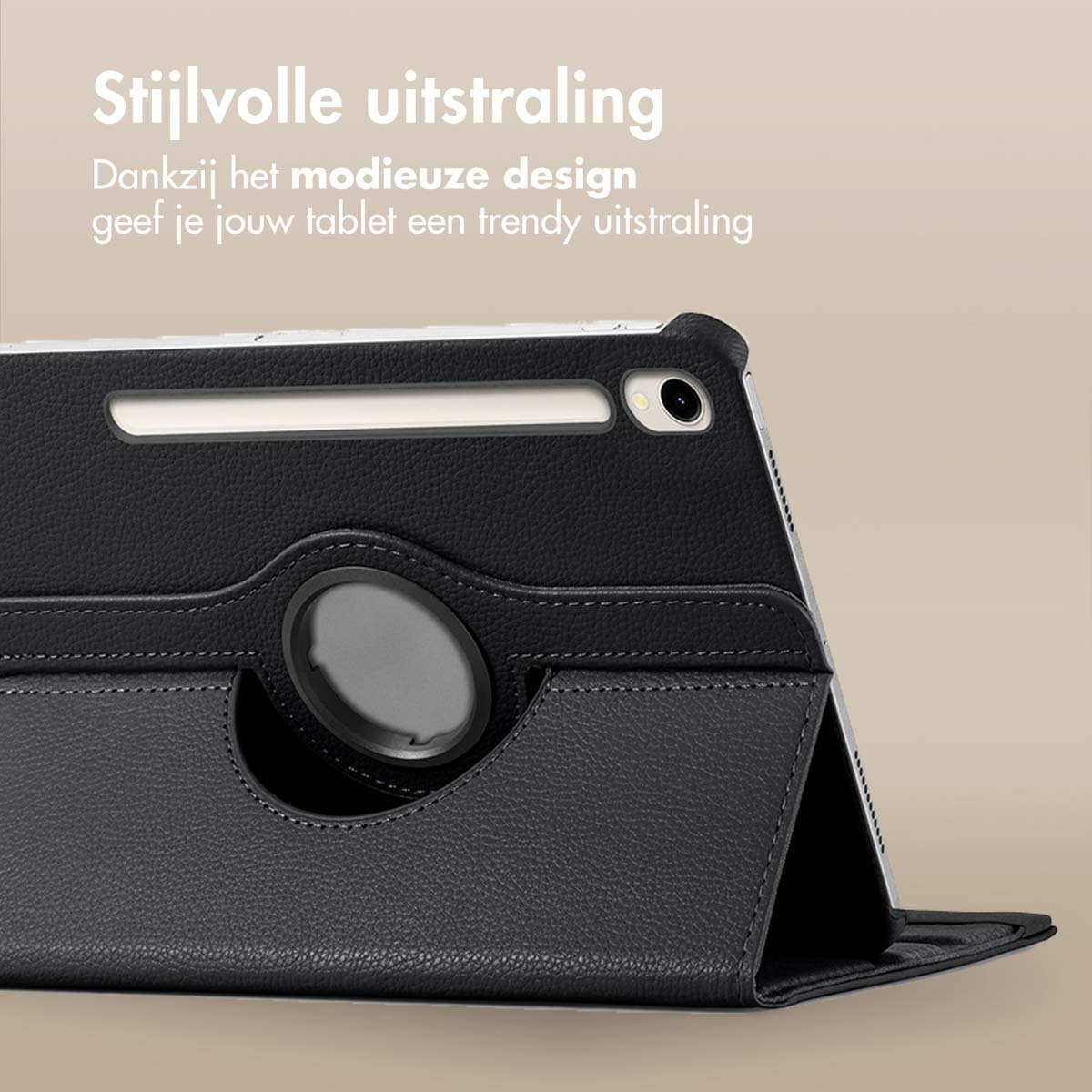 Black tablet case with a tablet inside. The case is open, showing the tablet.