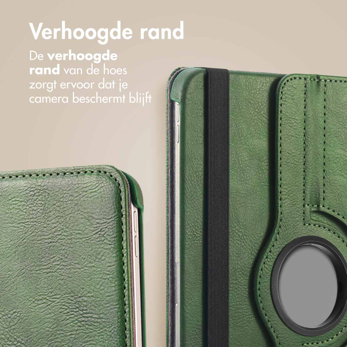Groene telefoonhoes met verhoogde rand, close-up van de camera. Tekst vermeldt camerabescherming.
