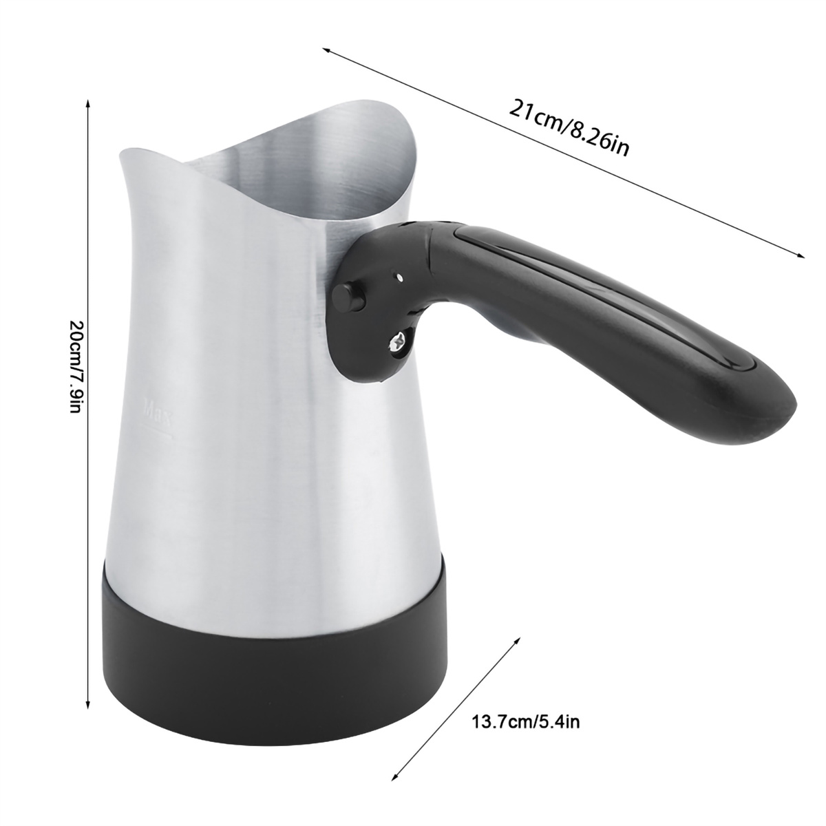 Silberfarbener Kaffeebereiter mit schwarzem Griff und Boden. Abmessungen: 20 cm Höhe, 21 cm Länge und 13,7 cm Breite.