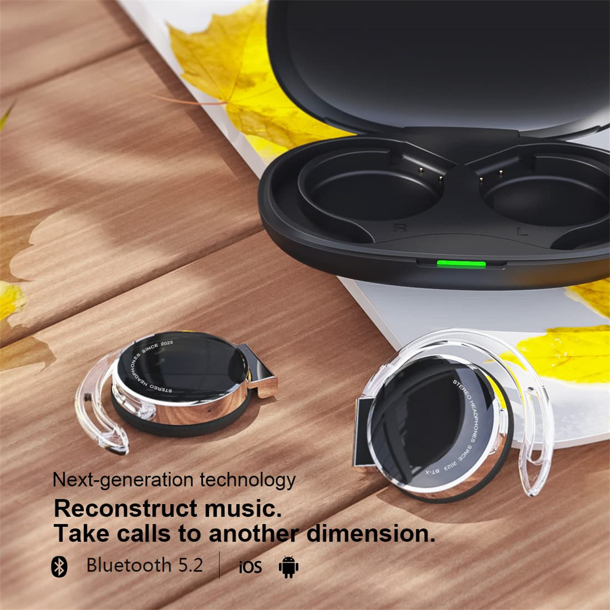 Schwarze und silberne kabellose Ohrhörer mit Ladecase. Text: Technologie der nächsten Generation.