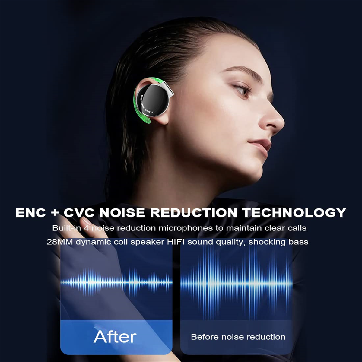 Eine Frau, die einen Ohrhörer trägt. Text sagt 'ENC + CVC NOISE REDUCTION TECHNOLOGY' und zeigt Schallwellen-Diagramme.