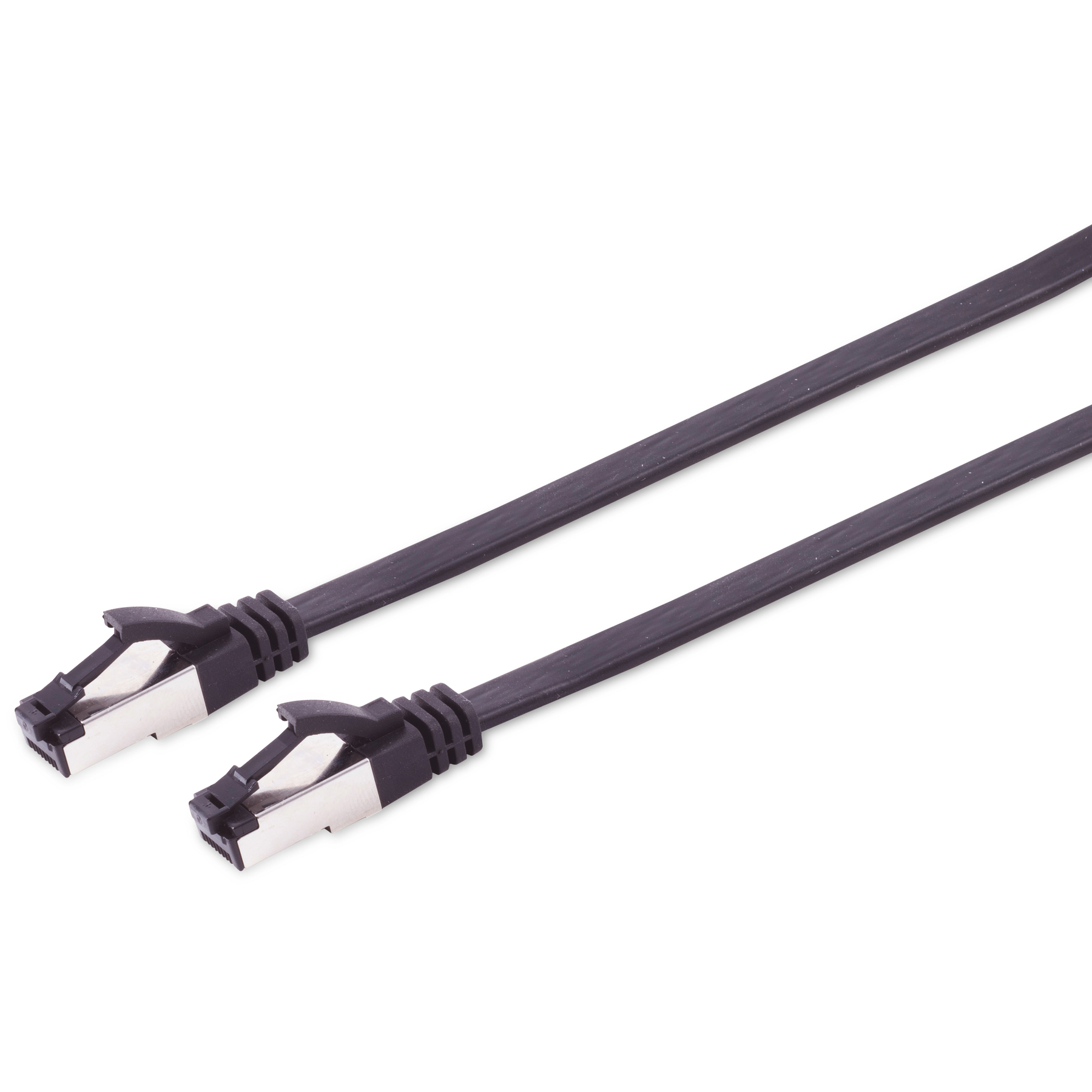 Due cavi ethernet neri con connettori argentati su sfondo bianco.