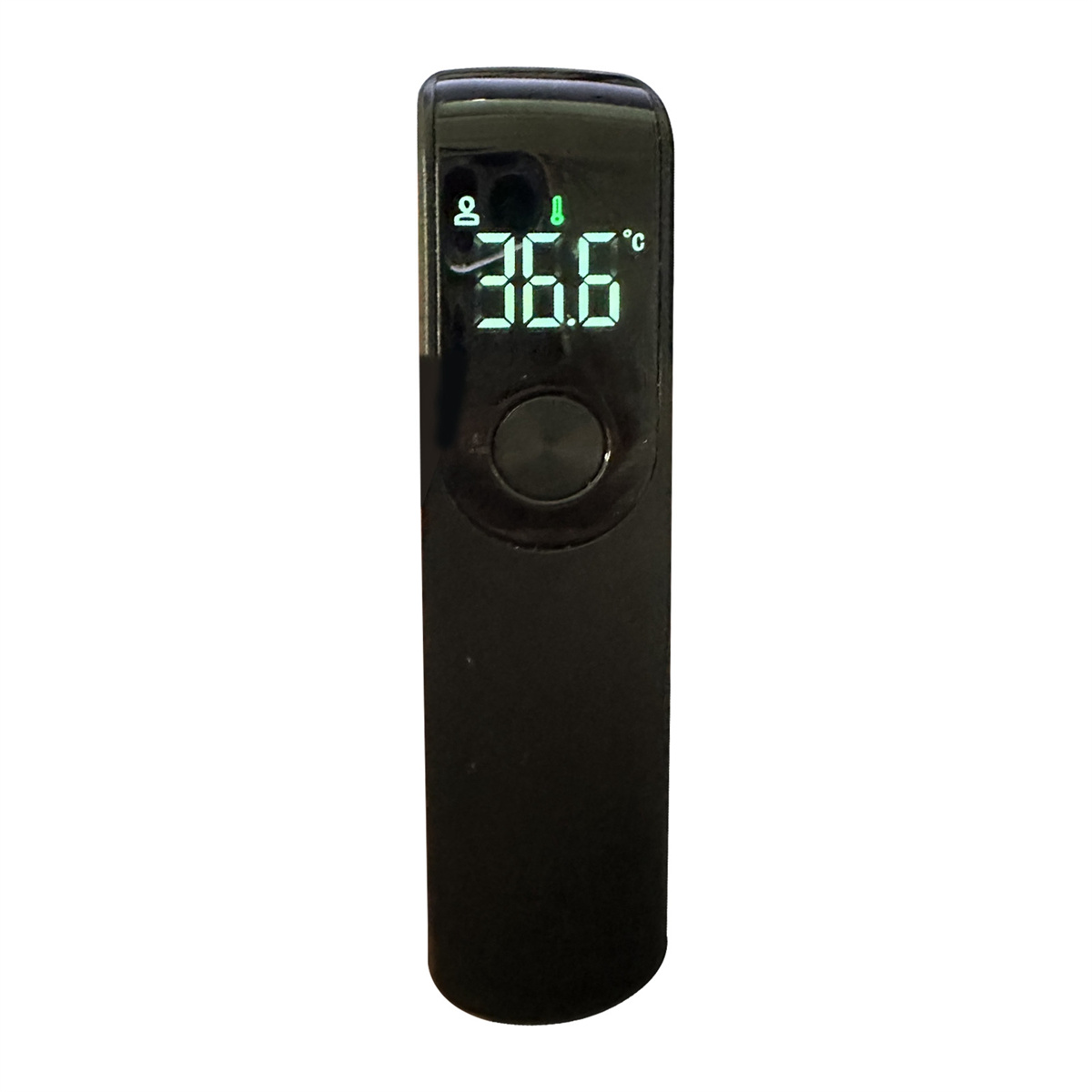 Ein schwarzes Thermometer zeigt 36,6 Grad Celsius auf weißem Hintergrund.