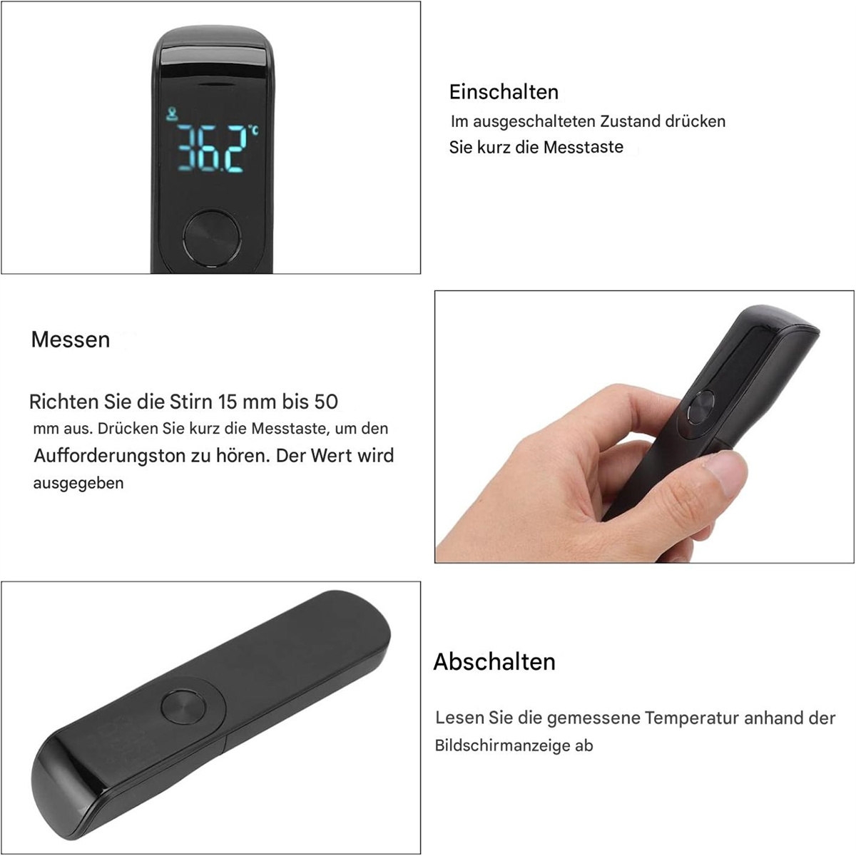 Bilder, die ein digitales Thermometer und Anweisungen auf Deutsch zeigen.
