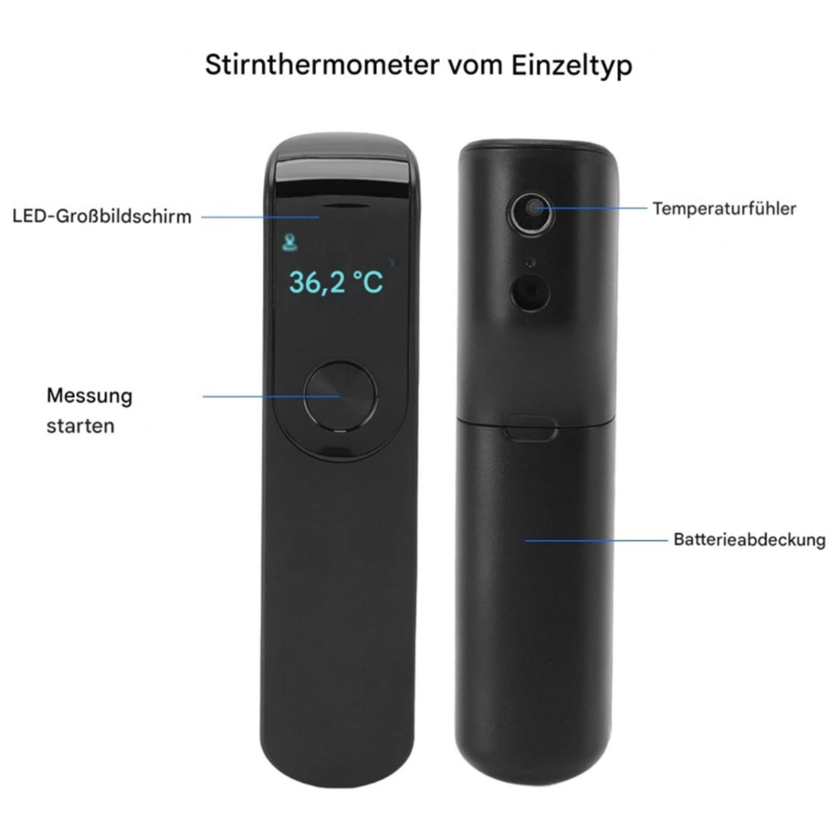 Ein schwarzes Stirnthermometer mit Digitalanzeige, die 36,2°C anzeigt, und einer Messtaste.