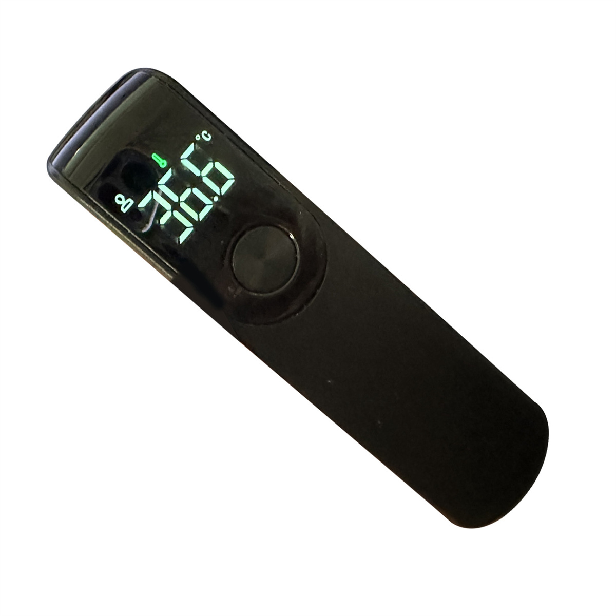 Schwarzes digitales Thermometer mit Anzeige von 36,0 Grad. Das Gerät ist abgewinkelt.
