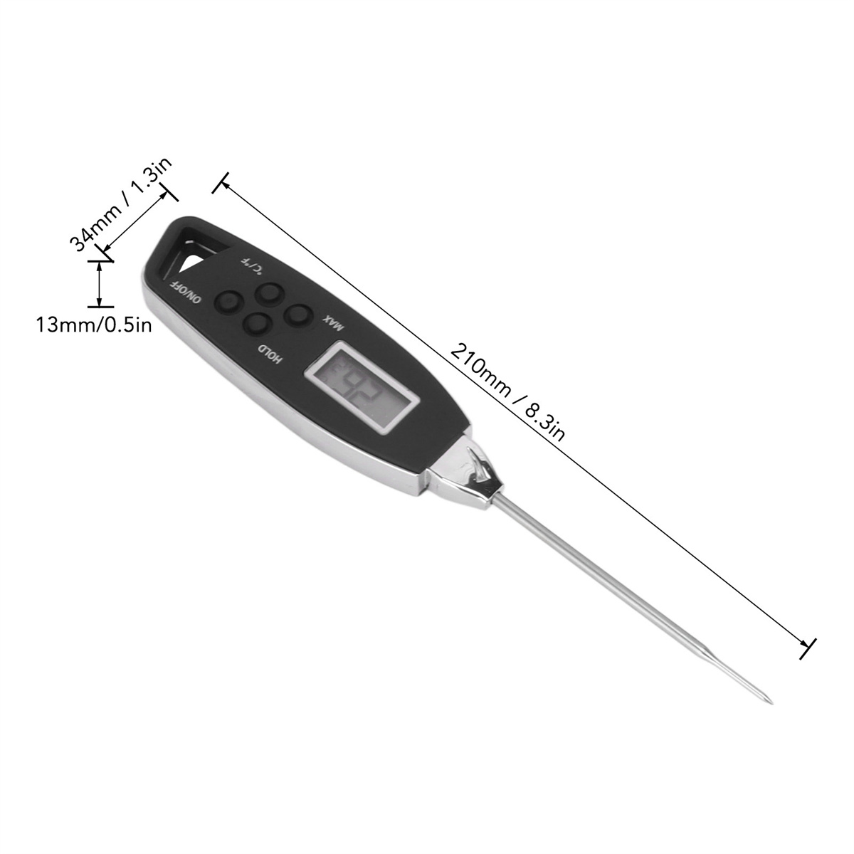 Ein digitales Lebensmitteltemperaturmessgerät, schwarzes Gehäuse mit langer Metallsonde, zeigt Temperatur.