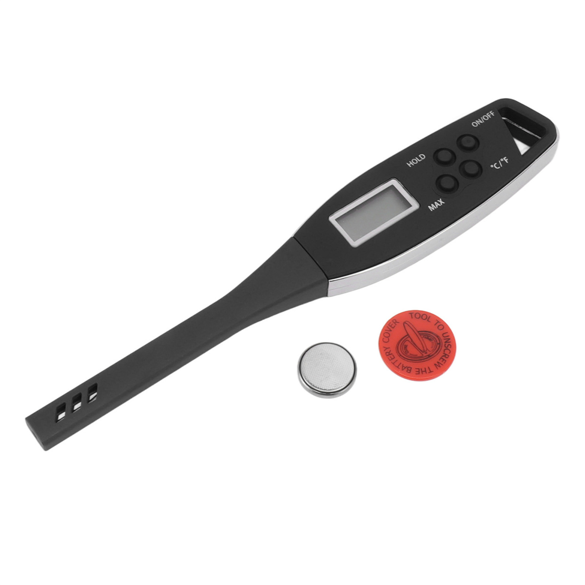 Schwarzes digitales Lebensmittelthermometer. Enthält eine Batterie und eine rote Scheibe zum Entfernen der Batterieabdeckung.
