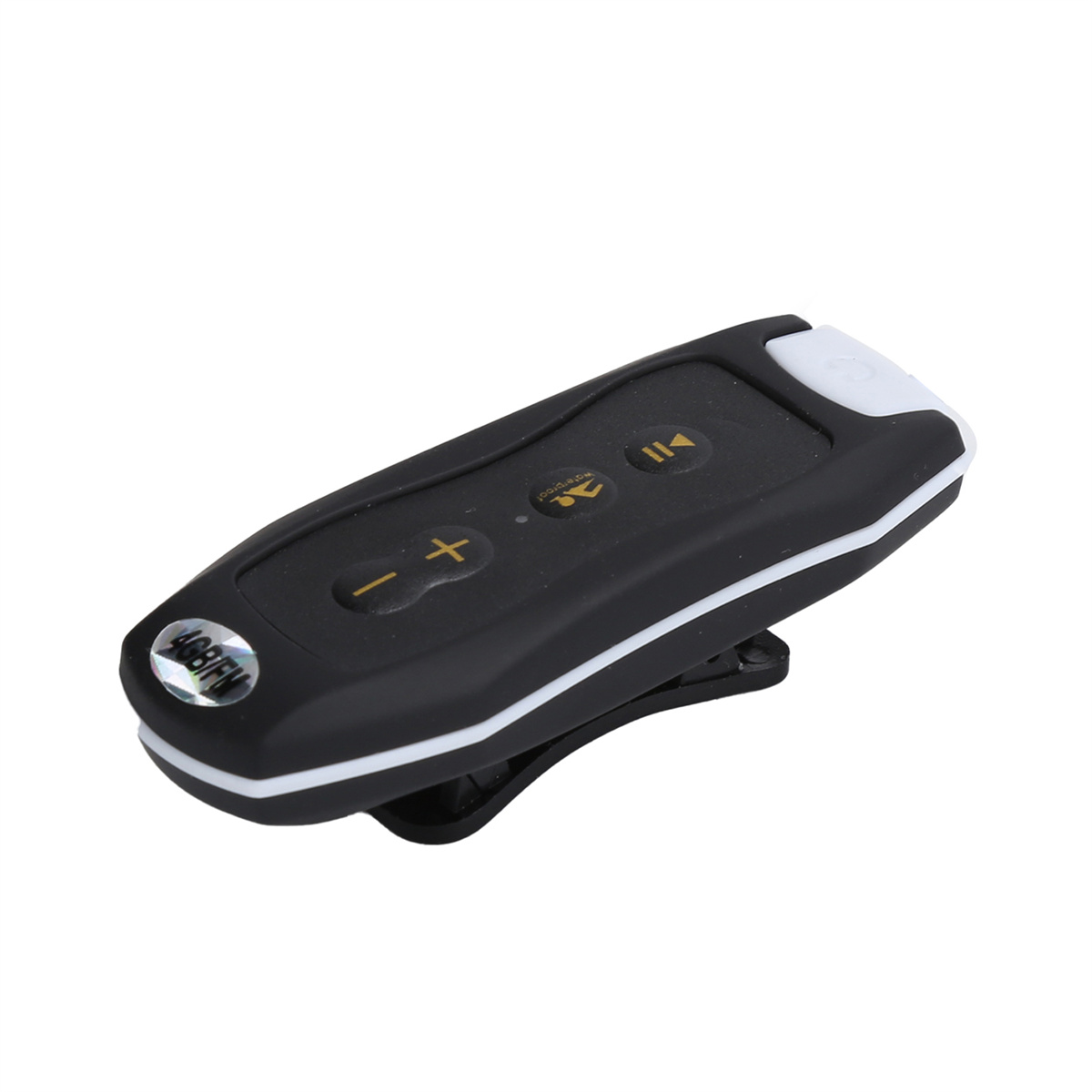 Schwarz-weißes Clip-On-Gerät mit Tasten zur Musiksteuerung. Hat einen 4GB/FM-Aufkleber.