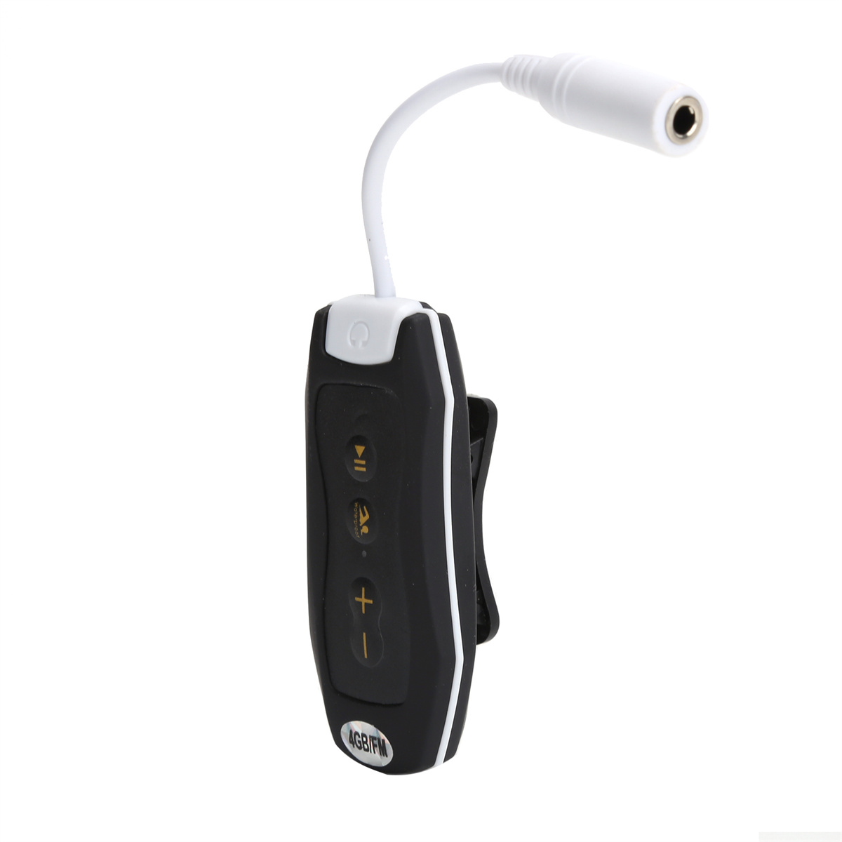 Schwarz-weißer Audioplayer mit Knöpfen und Clip. Weißes Kabel und Stecker.