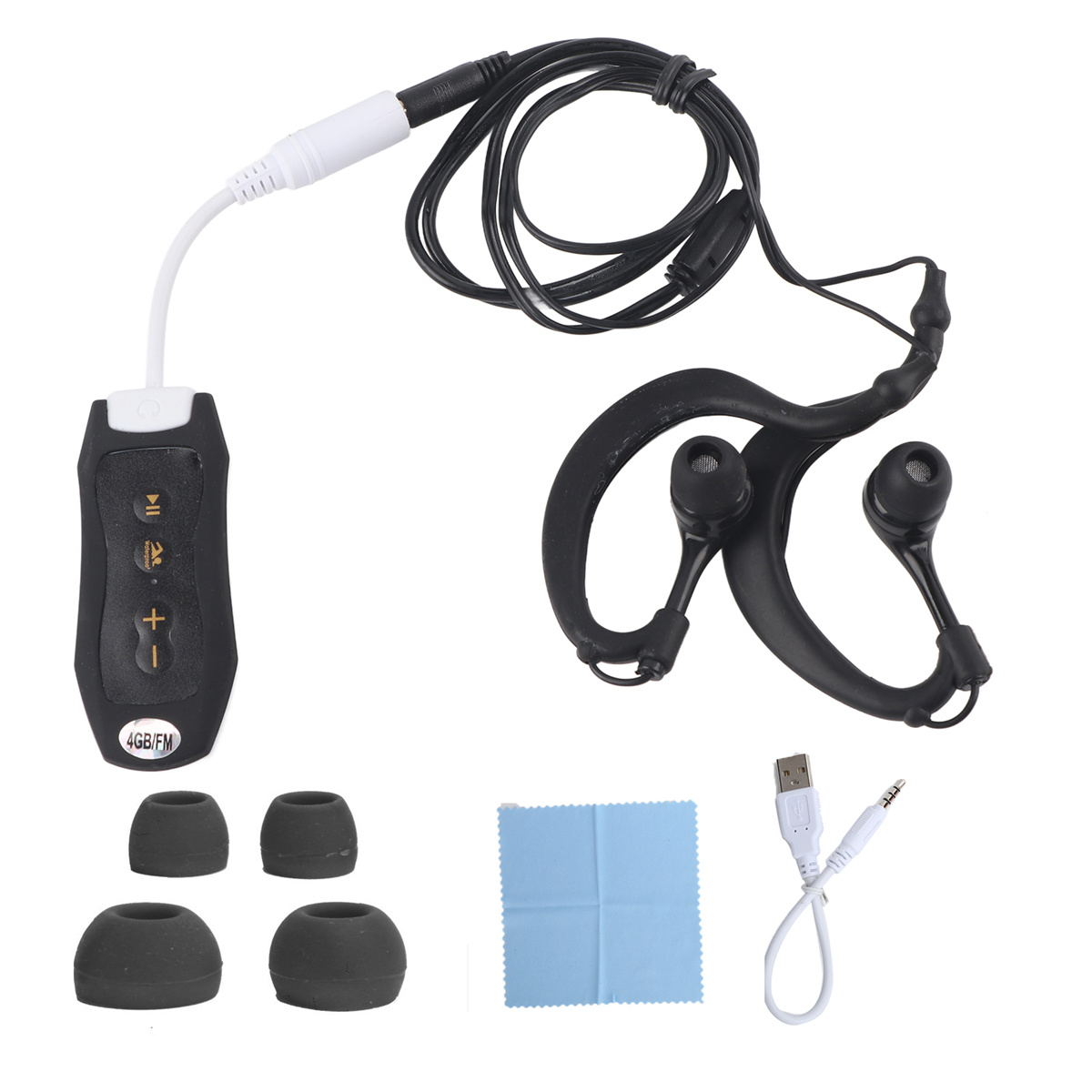 Kopfhörer mit Nackenband, schwarz, zusammen mit Zubehör: Ohrstöpsel, USB-Kabel und Tuch.
