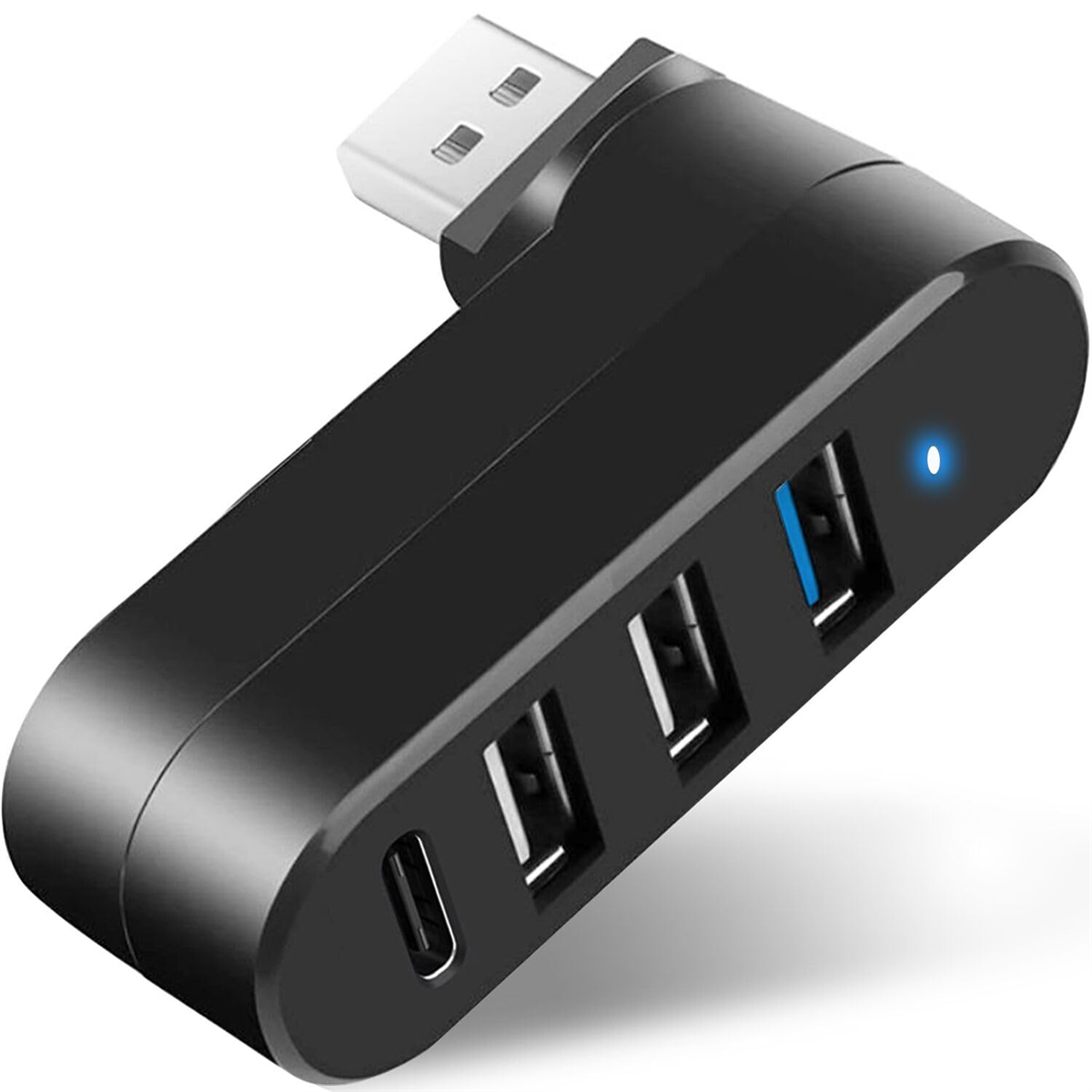 Schwarzer USB-Hub mit 3 USB-Anschlüssen und einem USB-C-Anschluss. Ein blaues Licht leuchtet.