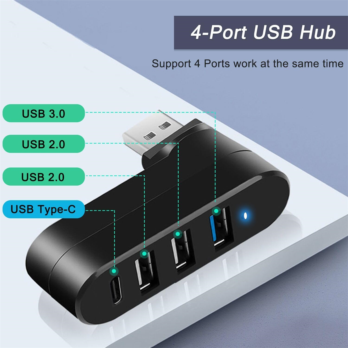 Schwarzer USB-Hub mit 4 Anschlüssen. Text: 4-Port USB Hub. Zeigt USB 3.0, 2.0 und Typ-C-Anschlüsse.