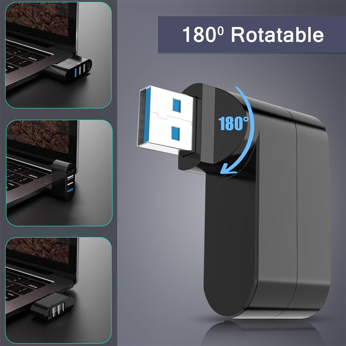 Schwarzer USB-Adapter, an einen Laptop angeschlossen, mit Text: '180° drehbar'.