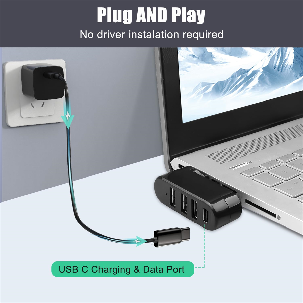 USB-C-Hub an Laptop angeschlossen. Netzteil eingesteckt. Schwarz und Silber.