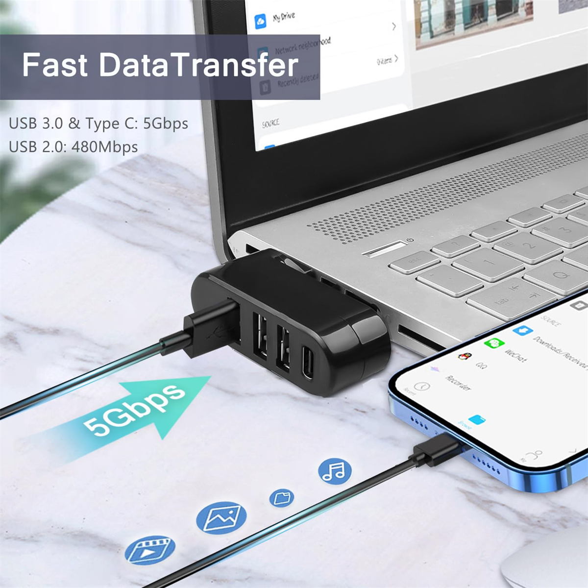 Ein schwarzer USB-Hub, der mit einem Laptop und einem Telefon verbunden ist, mit einem 5 Gbit/s Pfeil.