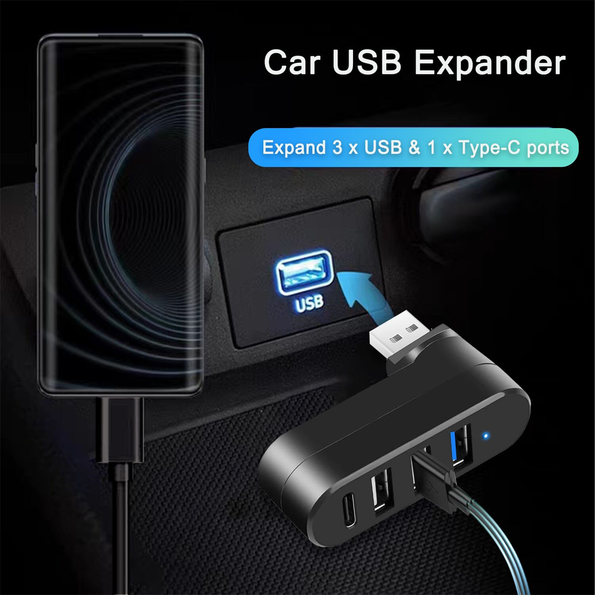 Car-USB-Expander, verbunden mit Telefon und USB-Anschluss, 3 USB- und 1 Typ-C-Anschluss.