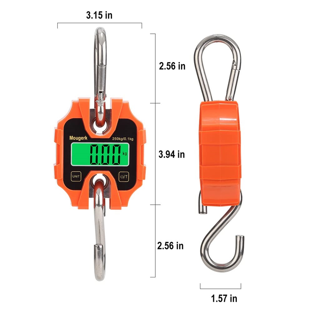 Eine Hängewaage mit orangefarbenem Gehäuse, die Messungen in Zoll und Kilogramm anzeigt, mit Haken.