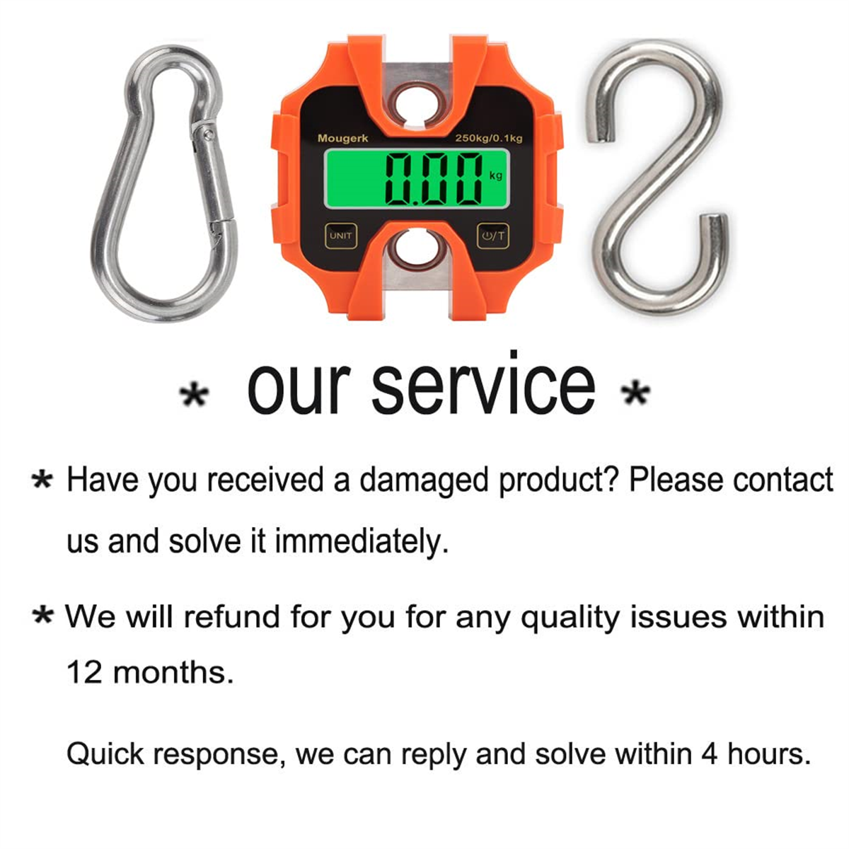Eine orange Waage mit Haken. Text zeigt Serviceversprechen: Rückerstattung, Kontakt bei Schäden.