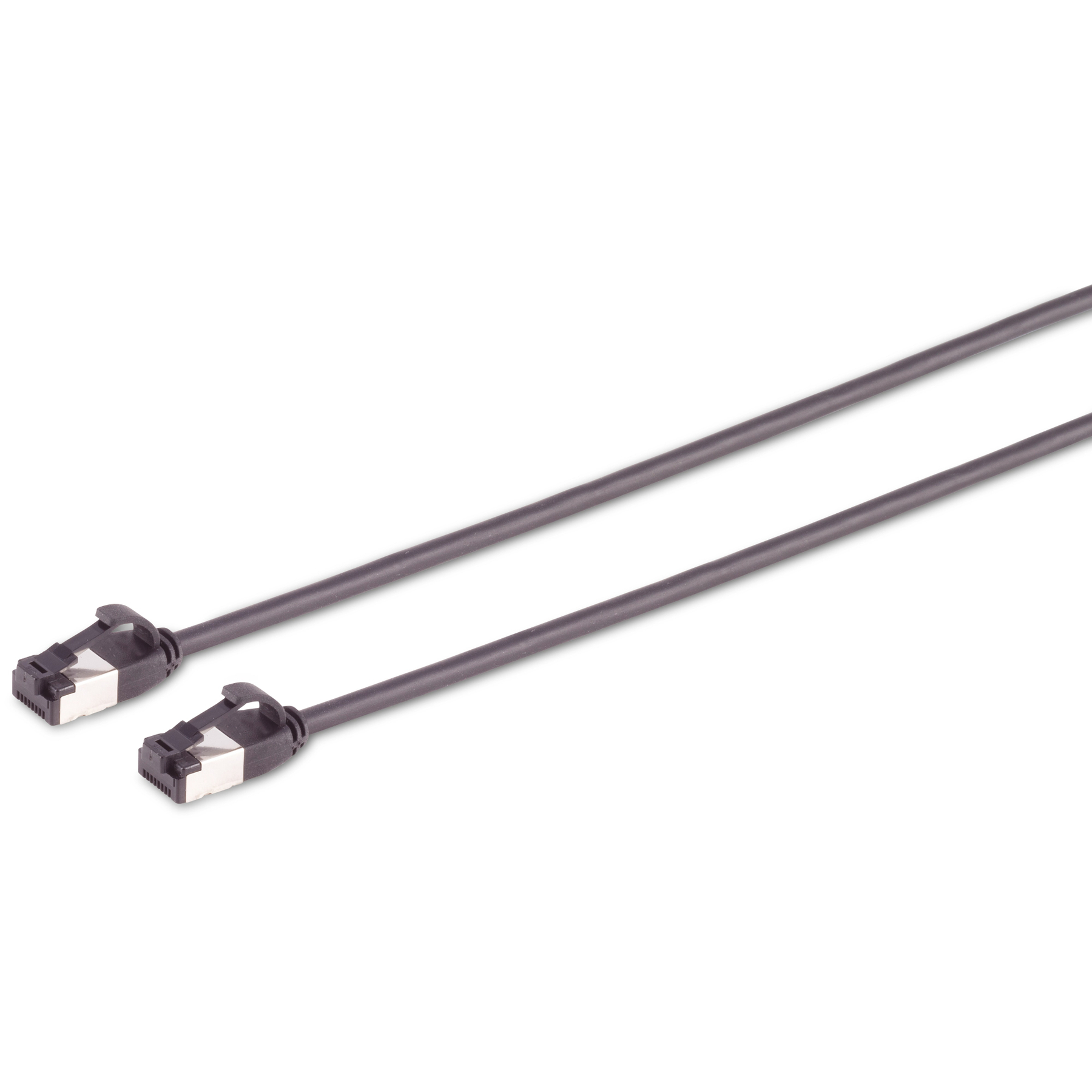 Dwa czarne kable sieciowe ze złączami RJ45, na białym tle.