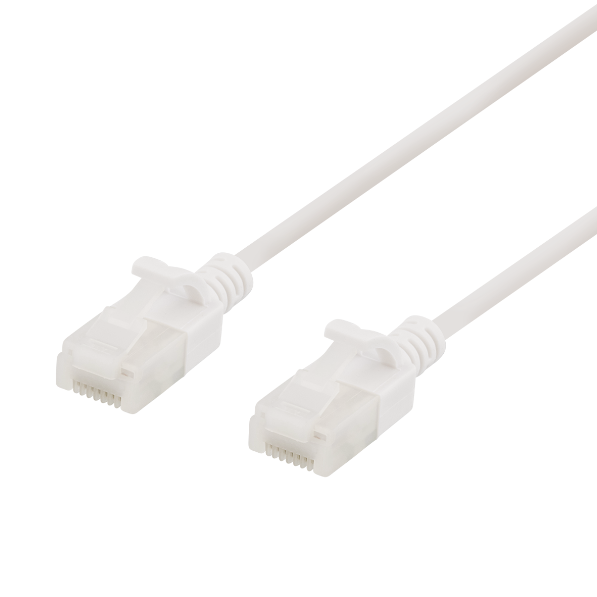 Cavi di rete bianchi con connettori RJ45 bianchi su sfondo nero.