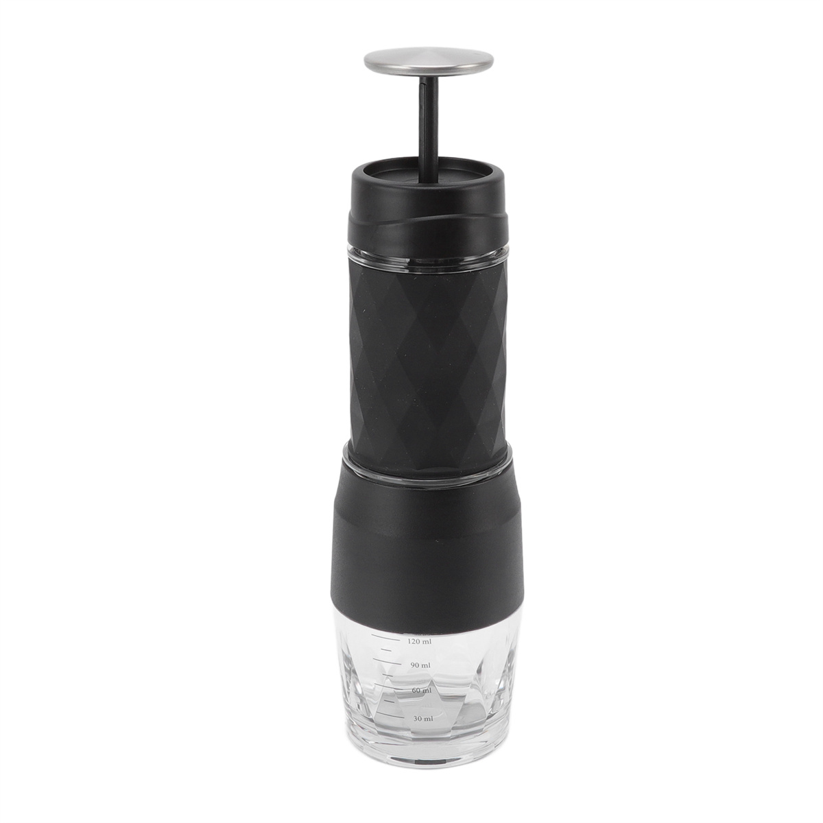 Ein manueller Espressomacher, zylindrisch, schwarz und klar, mit Messungen auf dem Glasboden.