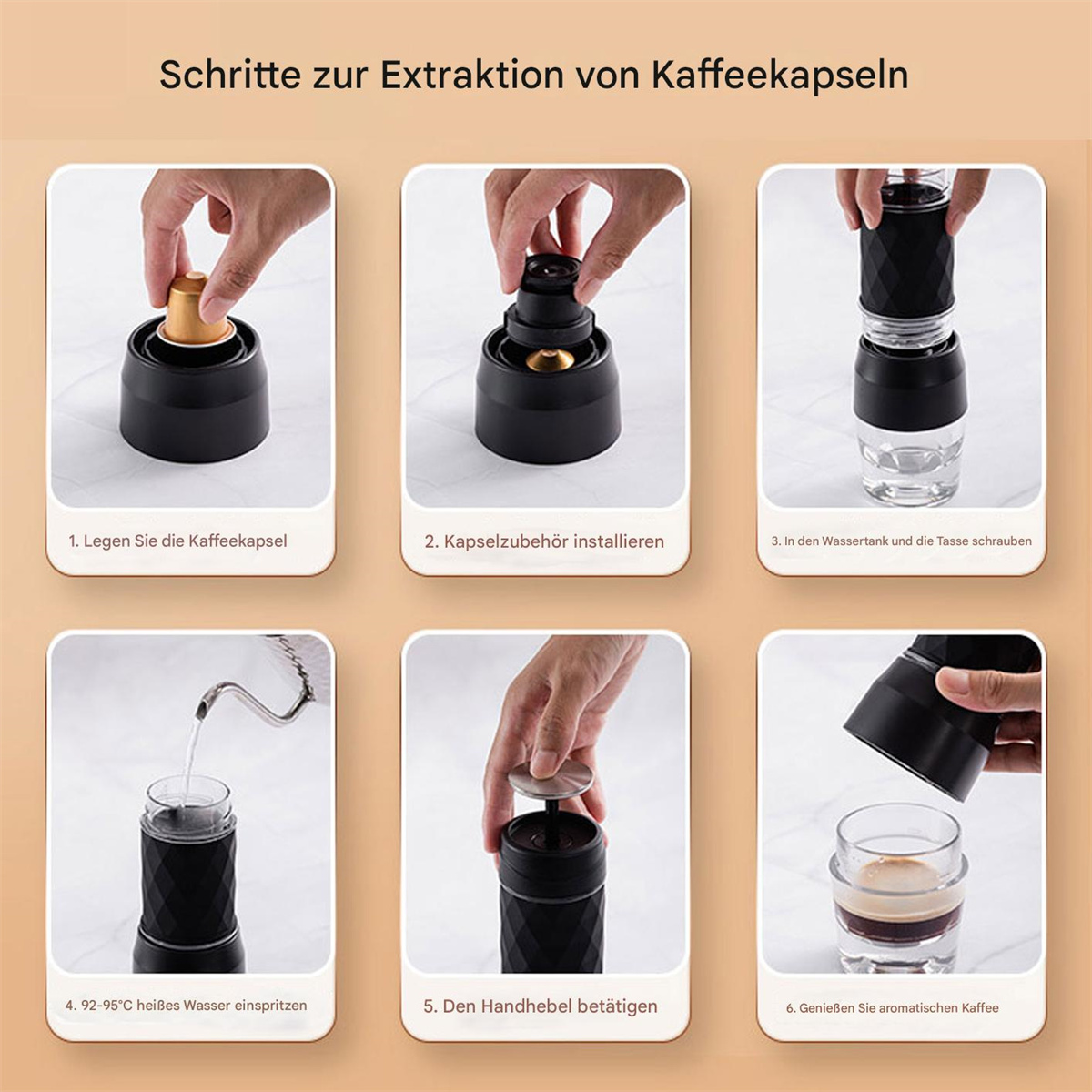 Schritt-für-Schritt-Anleitung zur Kaffeezubereitung mit einem manuellen Kaffeezubereiter, mit sechs Schritten.