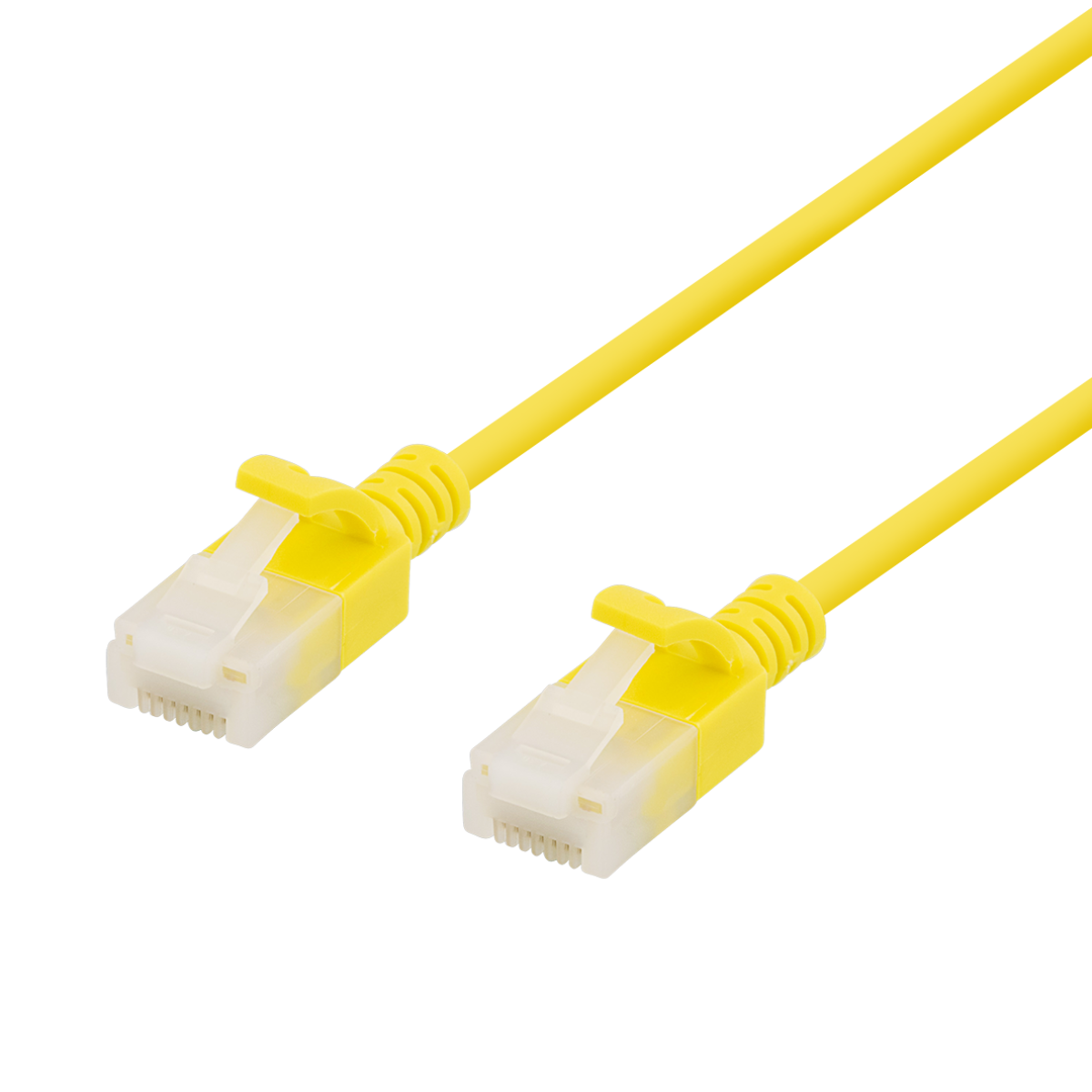 Cavi Ethernet gialli con connettori bianchi e gialli su sfondo nero.