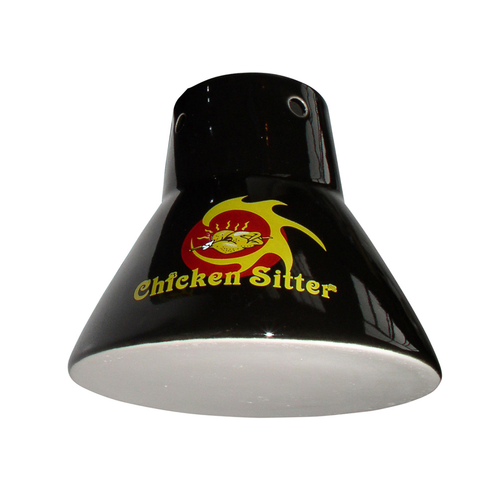 Black chicken sitter with 'Chicken Sitter' label in yellow and red.