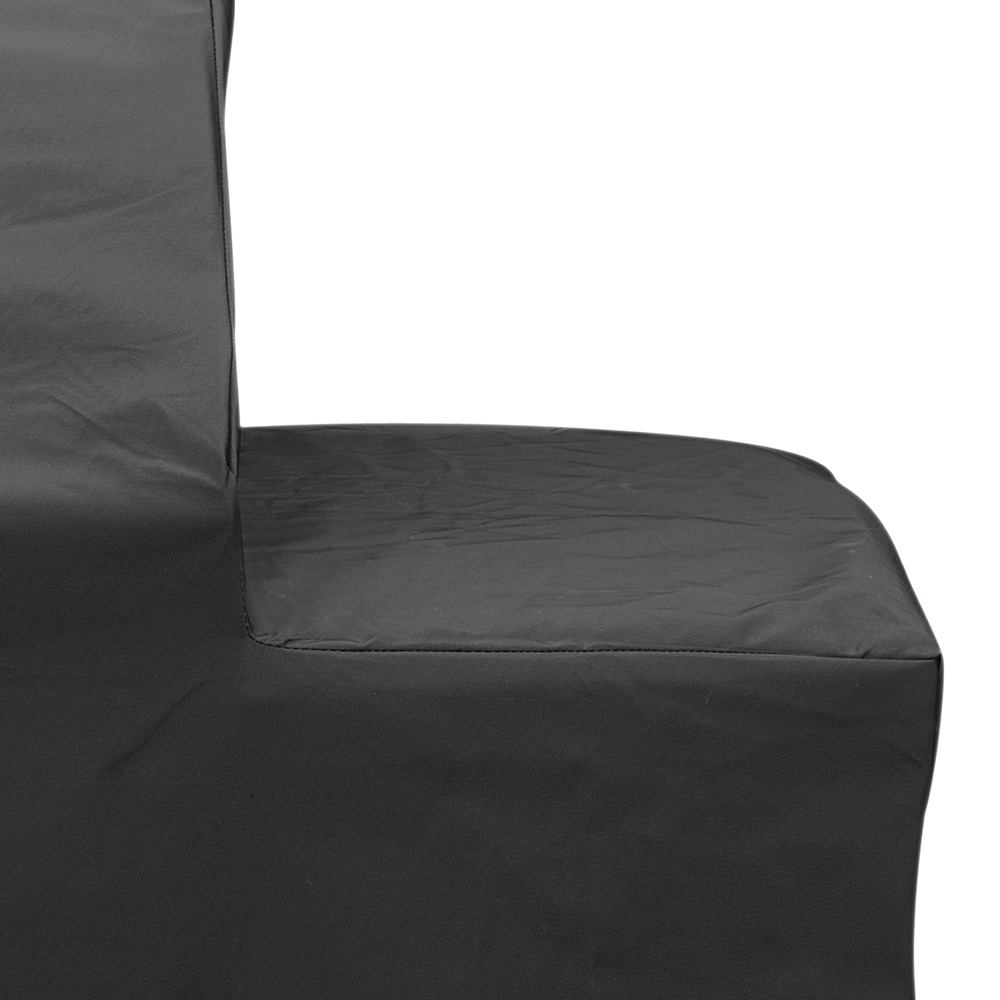 A portion of a black chair with a fabric cover, showing the seat and back.