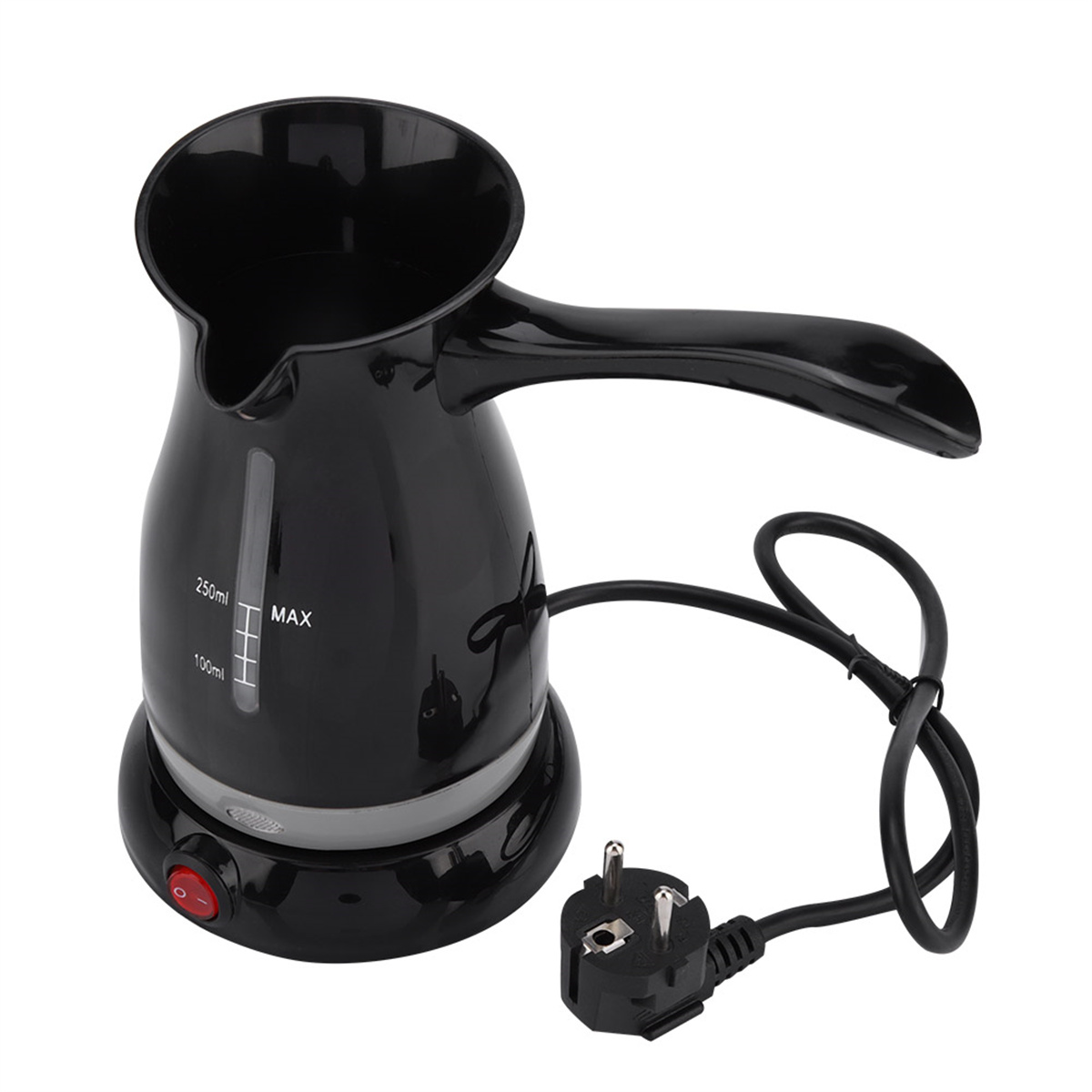 Ein schwarzer elektrischer Kaffeekocher mit Griff, Kabel und Stecker. Er hat einen roten Einschaltknopf.