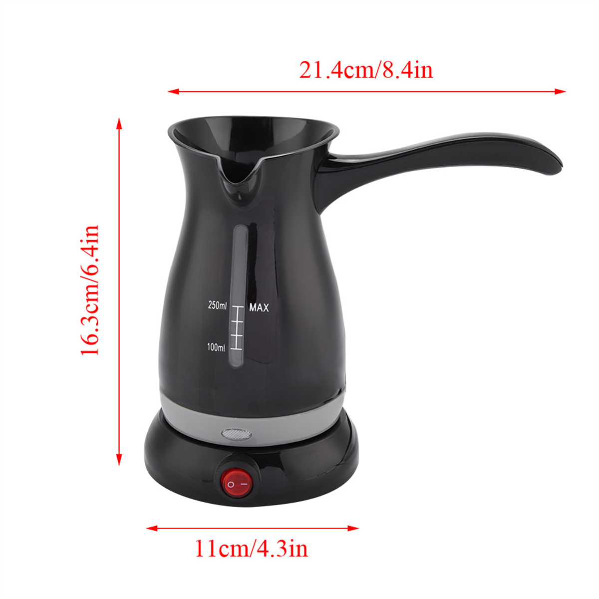 Schwarzer elektrischer Kaffeebereiter mit Maßangaben und einem roten Ein-/Ausschalter.