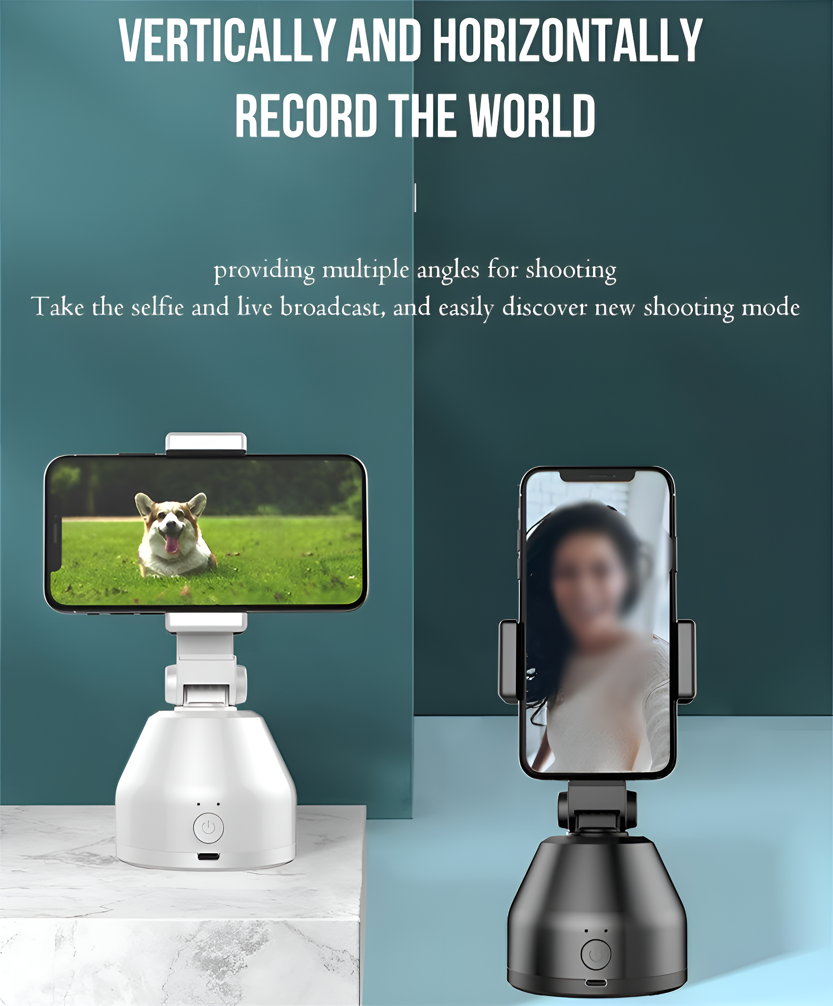 Zwei Smartphones auf weißen Ständern mit Slogan und begleitendem Text, auf blauem Hintergrund.