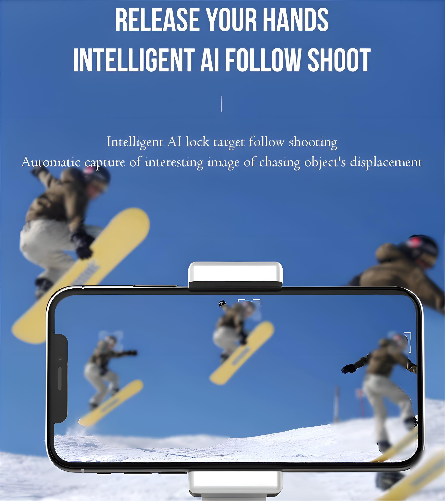 Ein Telefon auf einem Ständer mit Skifahrern. Text: Intelligente KI-Verfolgung. Autom. Bildaufnahme.