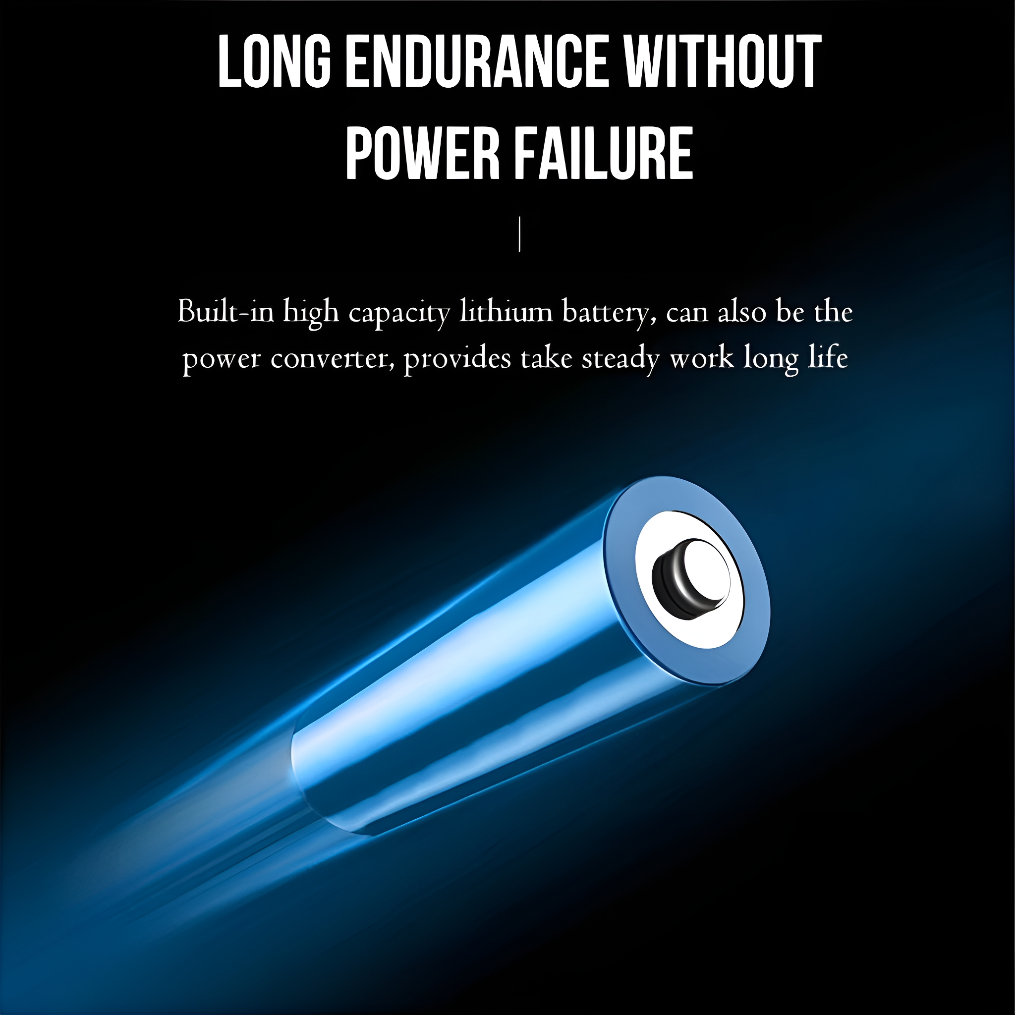 Eine zylindrische Batterie mit blauem Gehäuse und silberner Oberseite strahlt auf schwarzem Hintergrund einen blauen Lichtschweif aus.