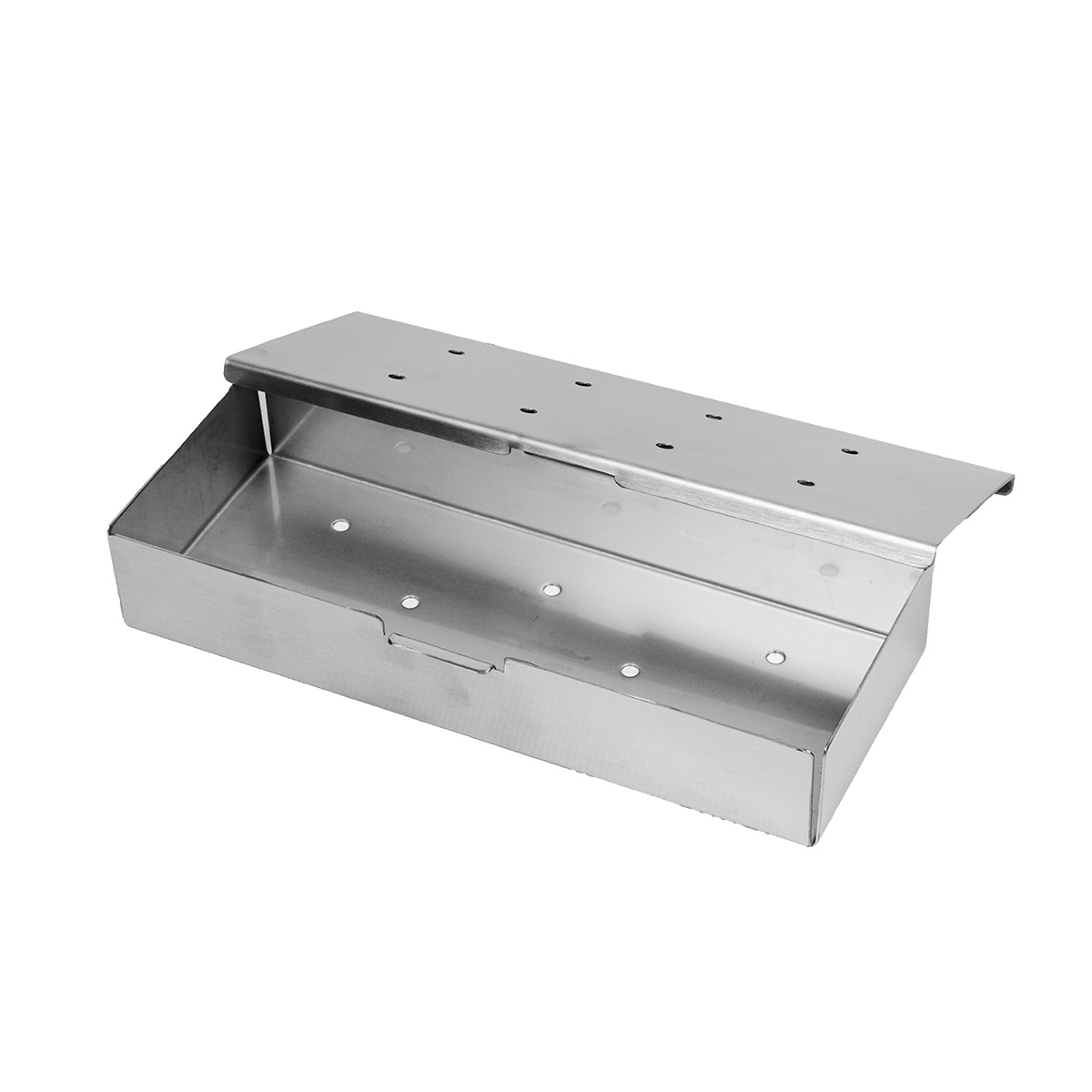 A stainless steel smoker box on a white background, open with holes for smoking.