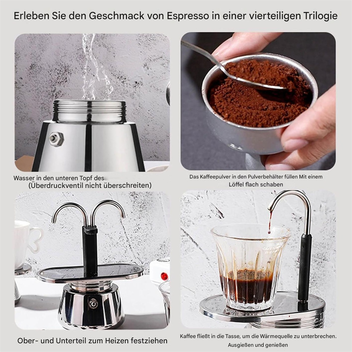 Bilder, die zeigen, wie man Espresso zubereitet. Enthält das Eingießen von Wasser, das Hinzufügen von Kaffeepulver und das Brühen.