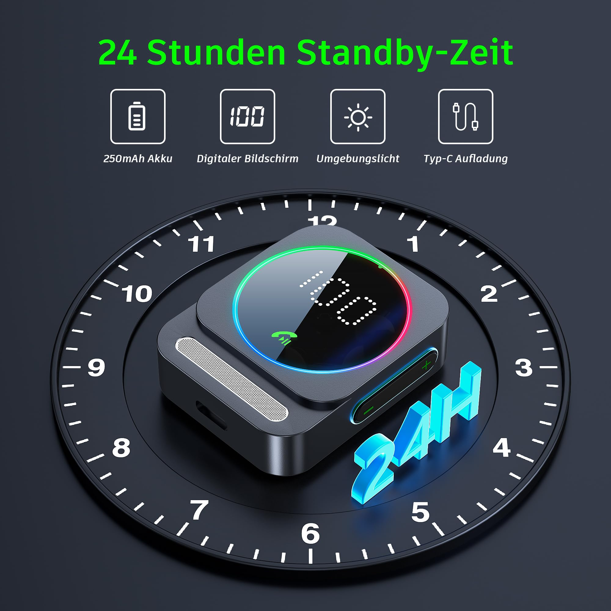 Digitalanzeige mit Symbolen und Zahlen. Ein schwarzes Gerät mit blauem und grünem Licht.