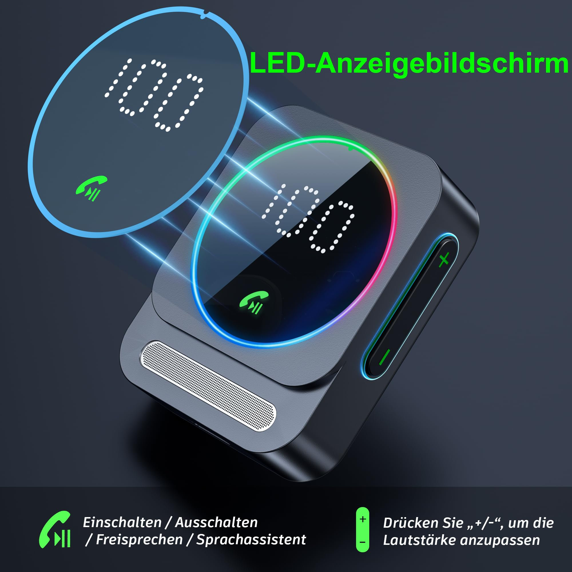 Schwarzes Gerät mit Farbbildschirm und Tasten, zeigt 100. Grüne und blaue Akzente.